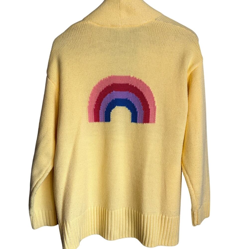 Women’s Small Yellow Cardigan Sweater Rainbow Back Graphic Cozy Knit Teacher